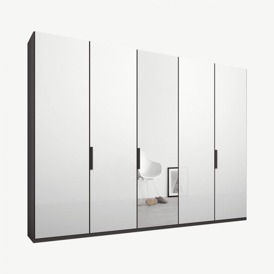 Caren Malix kledingkast met 5 deuren, 250 cm, grafietgrijs frame, wit glas en spiegeldeuren, standaard