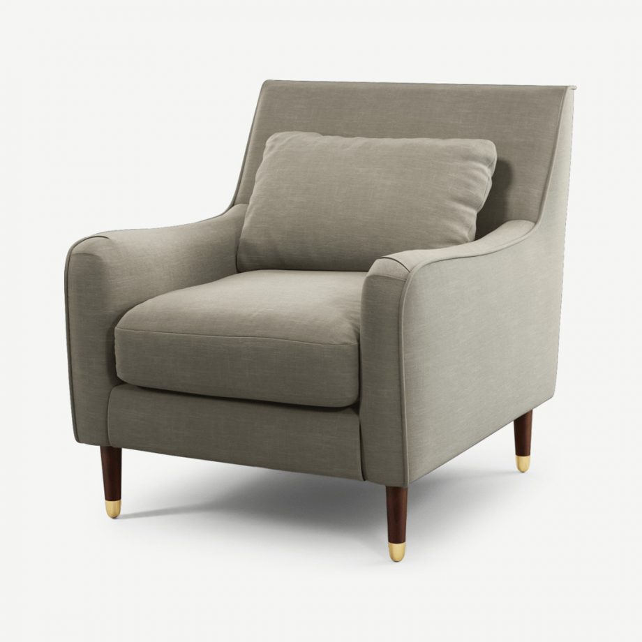 Content by Terence Conran Oksana fauteuil, taupe stof met poten in donker hout en messing