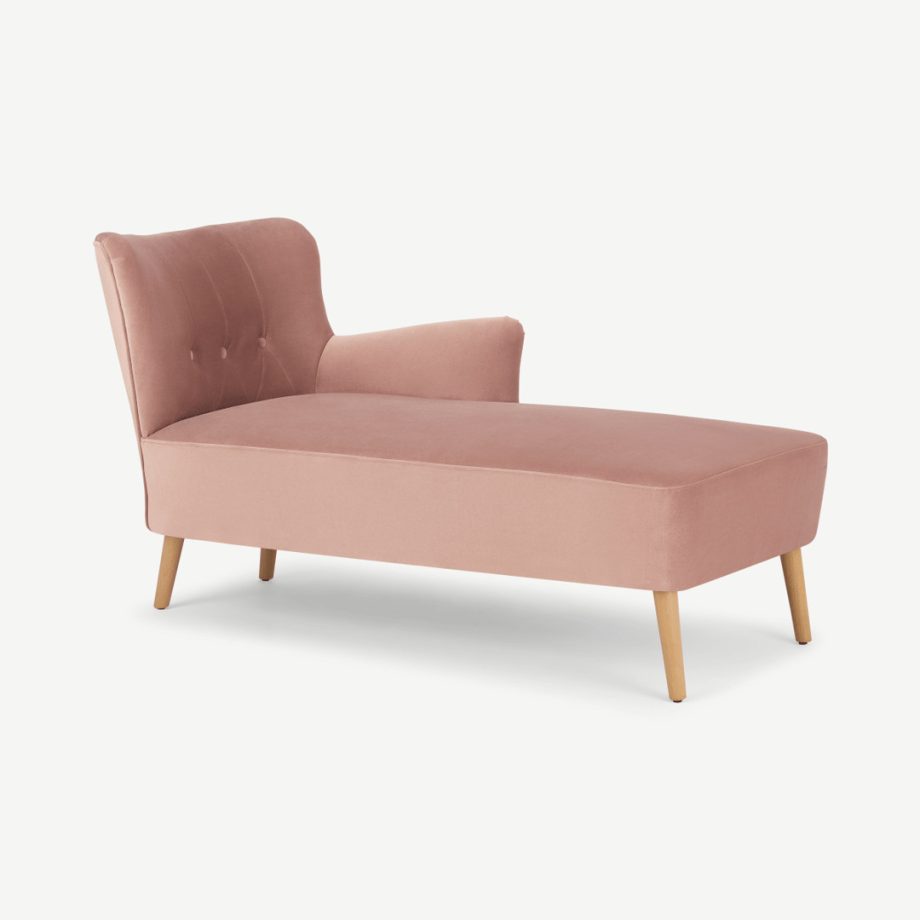 Charley chaise longue met leuning rechts, vintage roze fluweel, naturel poten