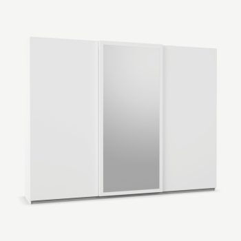 Driedeurs kledingkast met schuifdeuren, 270 cm, matwit frame, witte hoogglans spiegeldeuren, klassiek interieur