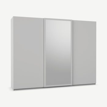 Kika driedeurs kledingkast 270 cm met schuifdeuren, lichtgrijs frame & lichtgrijze spiegeldeuren