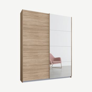 Malix tweedeurs kledingkast met schuifdeuren, 135 cm, eiken frame, eiken en spiegeldeuren, premium interieur