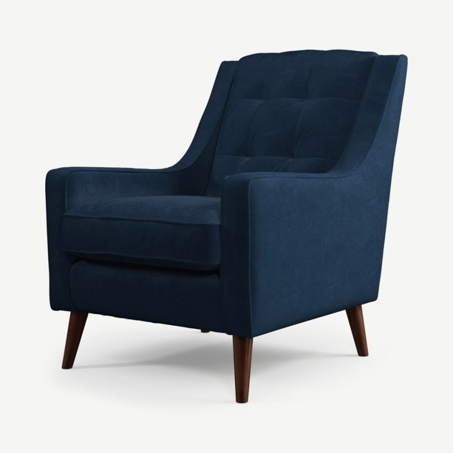 Atkinson fauteuil, marineblauw gerecycled fluweel en berkenhout