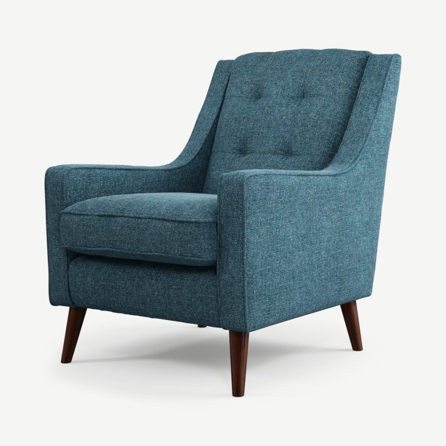 Atkinson fauteuil, donkerhouten poten, oceaanblauw gerecycled textuurgeweven