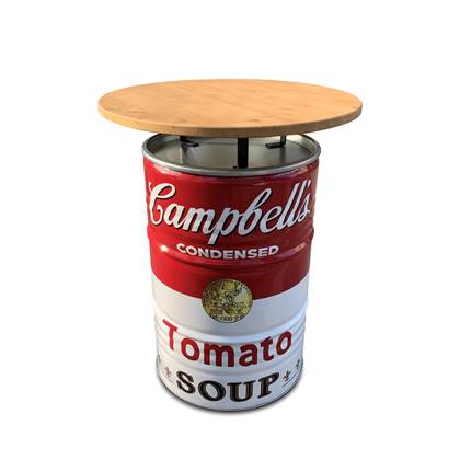 Campbell's soup statafel- bartafel- hangtafel met houtenblad.